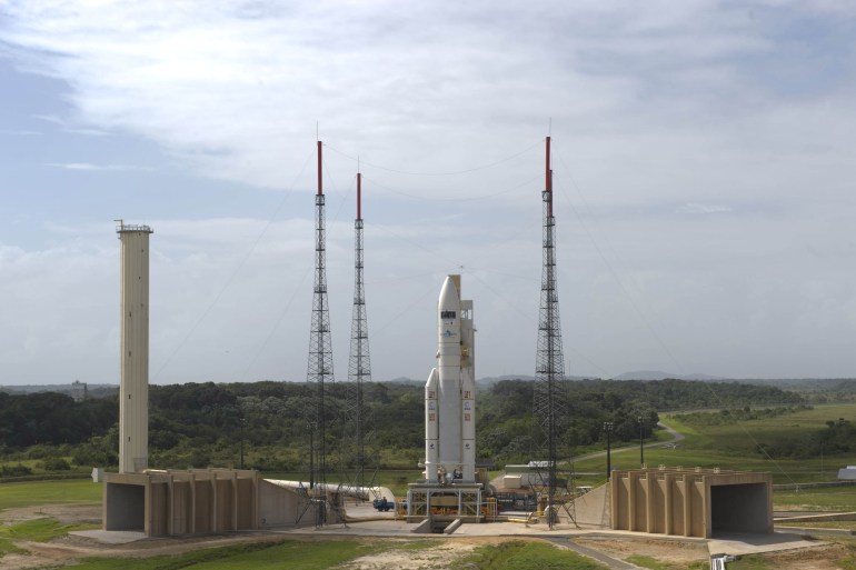 kourou, french guyana - may 13: in this handout photo provided by the european space agency (esa), the ariane 5 enclosing herschel and planck stands at the launch area on may 13, 2009 at the european spaceport, french guyana. 'herschel', the most powerful infra-red telescope to be launched and 'planck', a device to measure radiation from the big bang are to be launched together aboard ariane 5, scheduled for may 14. (photo by s.corvaja/esa via getty images)