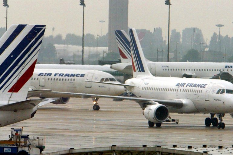 air france planes seen at paris's roissy-charles de gaulle airport, july 30, 2002, after the french government announced a plan to cut its majority stake in the airline from 54,4 to less than 20 per cent. [air france shares rose 6% after french finance minister francis mer said that the privatisation of the airline should take place by late this year or early 2003.]