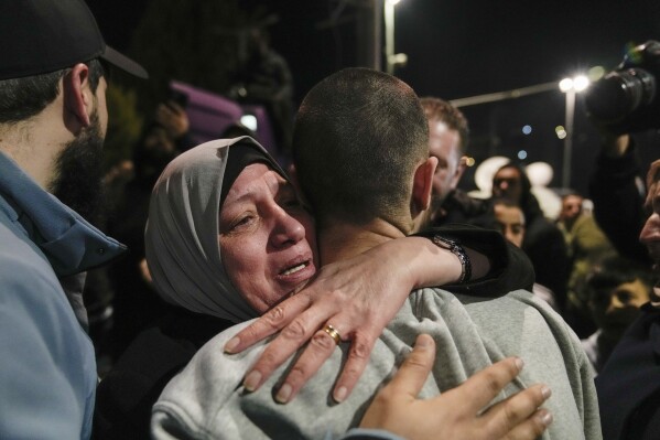 a palestinian prisoner is greeted upon his arrival after being released from an israeli prison in the west bank city of ramallah, thursday jan. 30, 2025.(ap photo/nasser nasser)