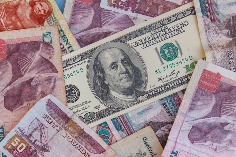 one hundred dollar bill on the egyptian pounds banknotes background صورة1 ارتفع سعر الدولار أمام الجنيه بنحو 12 بالمائة - تصوير المراسل